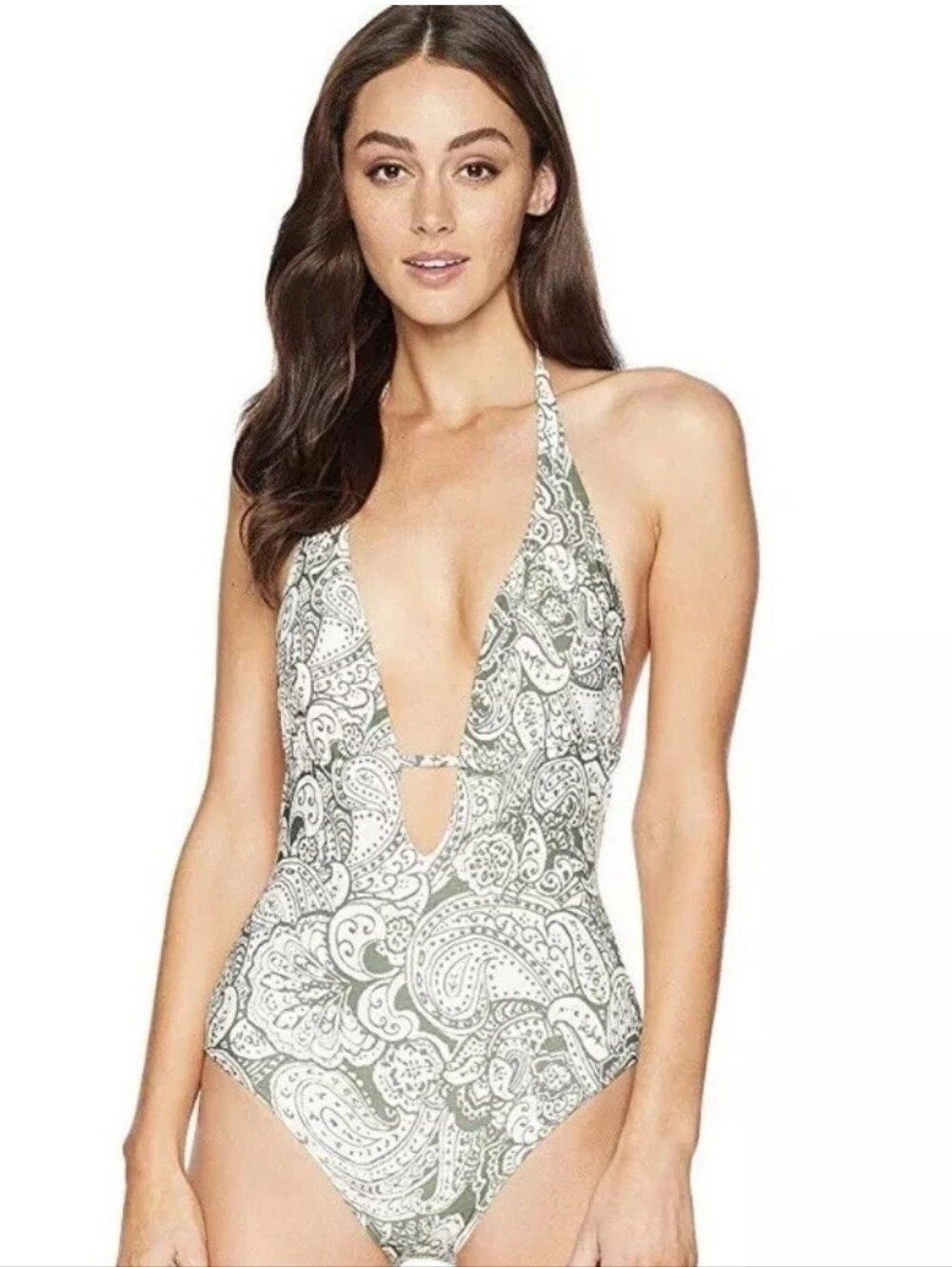 Vince Camuto Paisley Plunge One Piece Swimsuit Monokini Olive Green Cream Sz 14